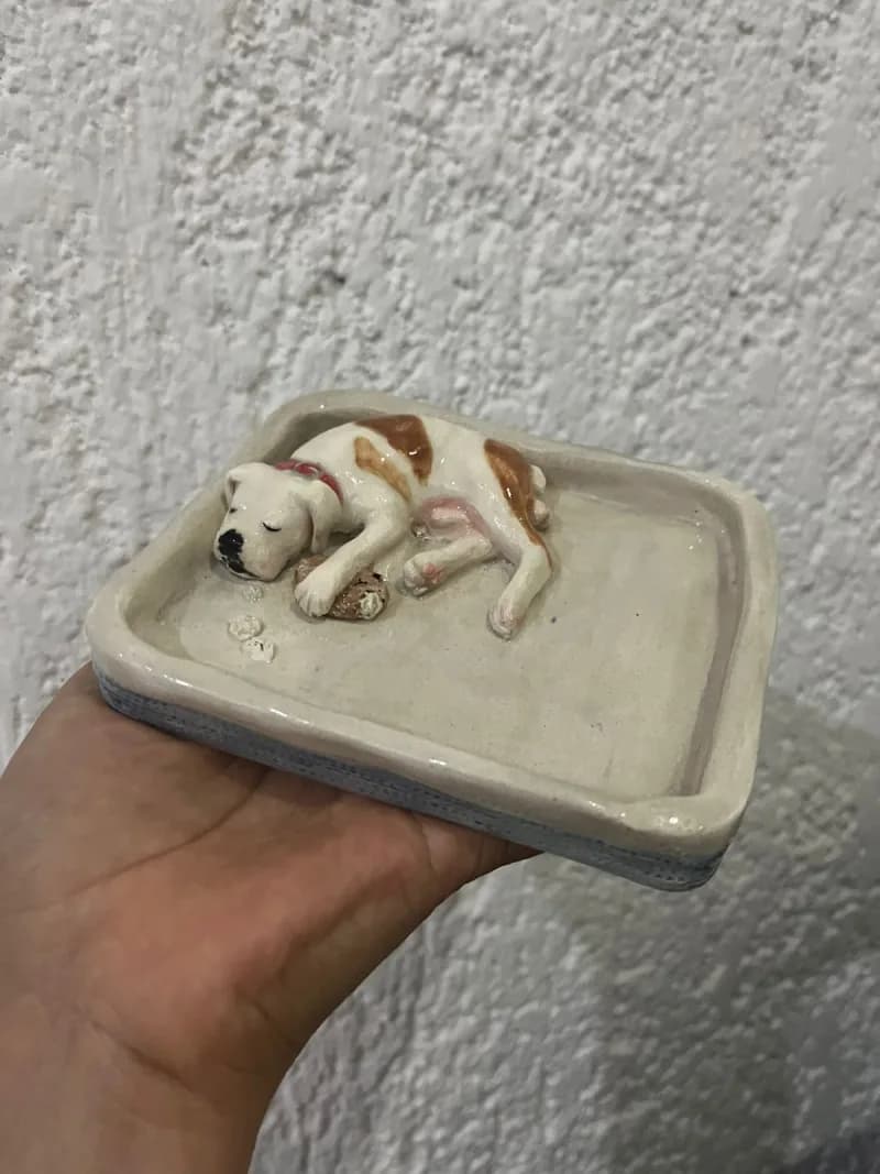 Sleeping dog on ceramic tray