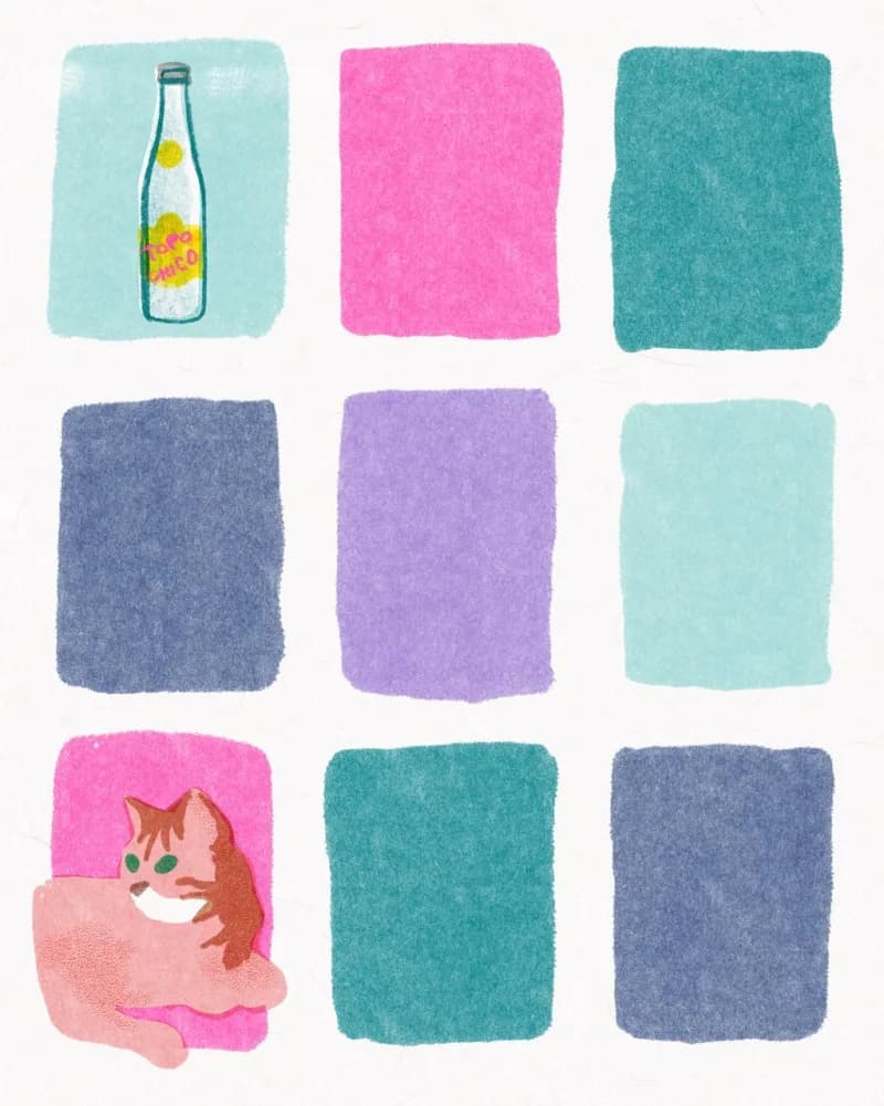 Colorful grid of watercolor swatches with a cat and Topo Chico